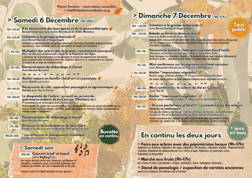 Programme - L'Arbre en Fête 2025 - 3ème édition. Animations, Conférences, Démonstrations, Foire aux arbres, marché de producteurs, concert.