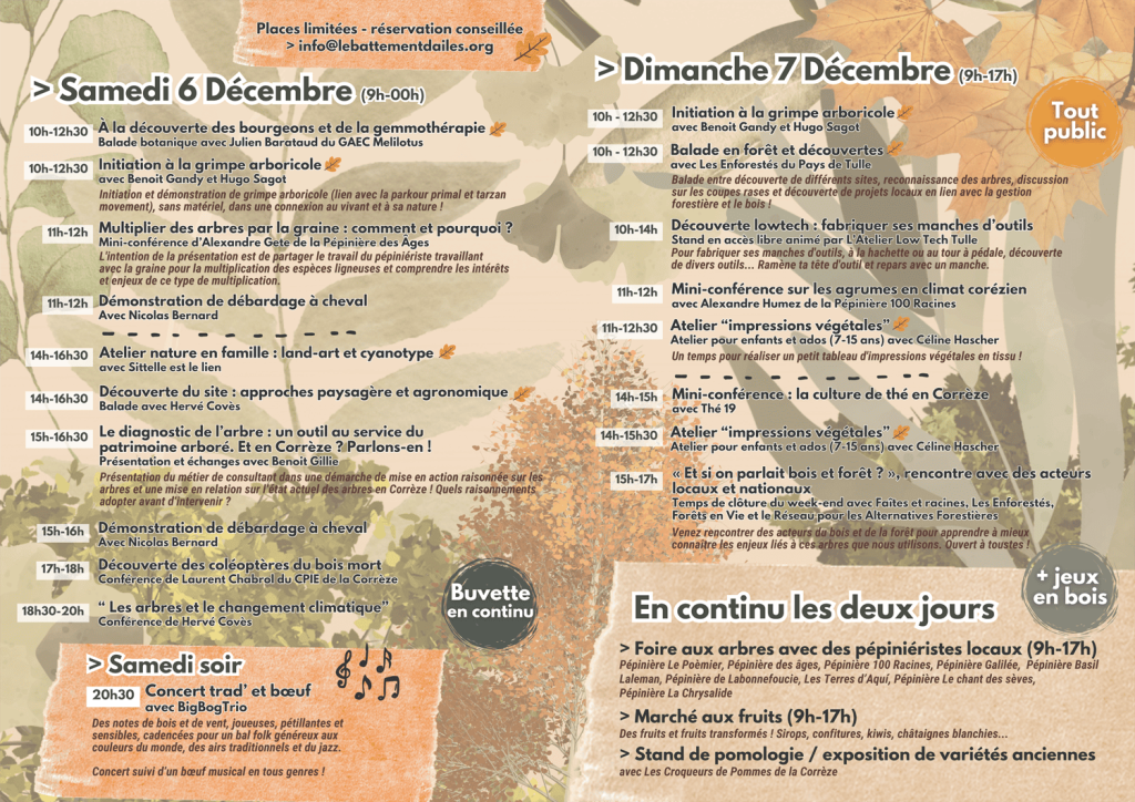 Programme - L'Arbre en Fête 2025 - 3ème édition. Animations, Conférences, Démonstrations, Foire aux arbres, marché de producteurs, concert.